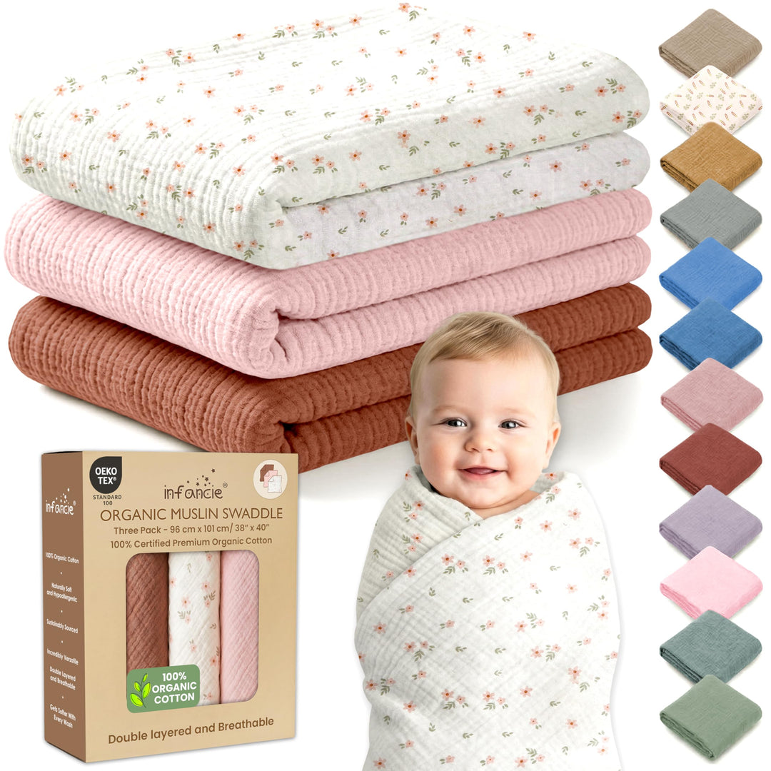 Organic Muslin Baby Blanket 2-Pack Rose & Peach, 47x47 Inch 100% Organic Cotton Oeko-TEX Certified Hypoallergenic Swaddle Blanket for Newborn Girls, Elegant Baby Girl Shower Gift