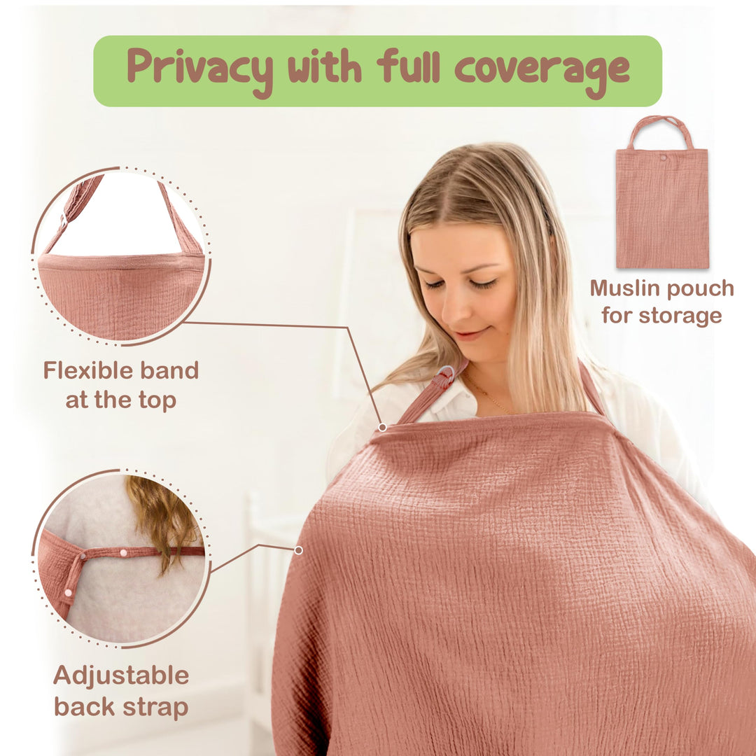100% Organic Cotton Nursing Cover & Shawl - 43 x 28 Inch Breathable Muslin Breastfeeding Nursing Apron Cover with Arch Neckline for Mothers, Multi-use Carseat Canopy