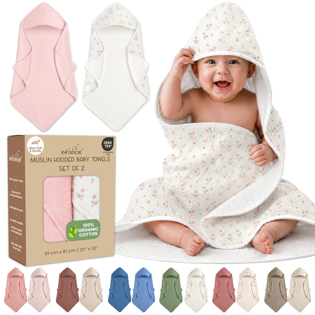 100% Organic Cotton Muslin Baby Hooded Towels 32x32 Inch – 2 Pack Soft & Absorbent Baby Towels for Newborn for Boys & Girls, Premium Hooded Towels, Ultra-Gentle Baby Essentials in Rose/Peach