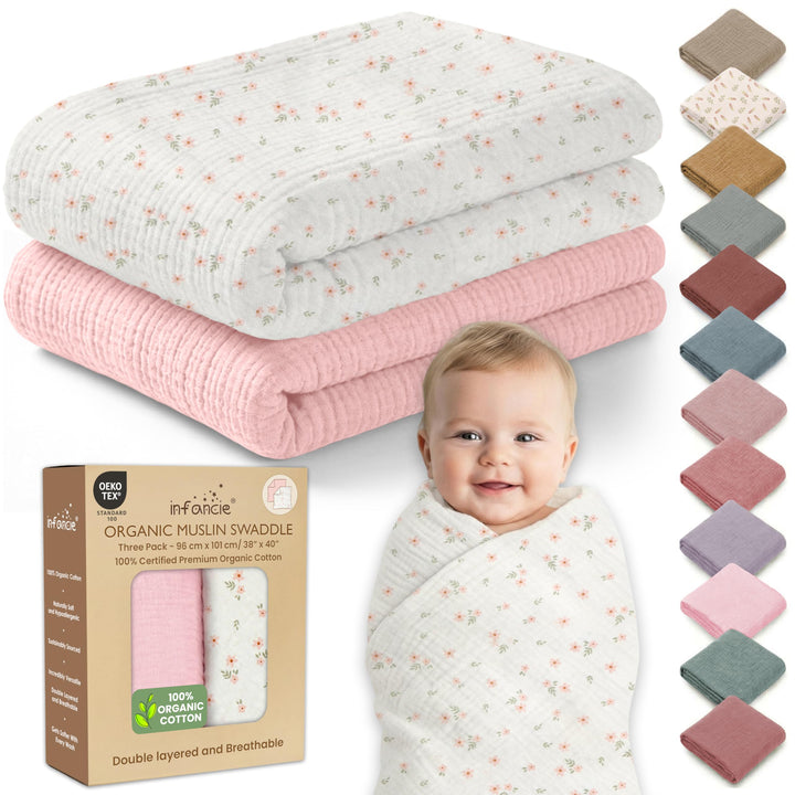 Organic Muslin Baby Blanket 2-Pack Rose & Peach, 47x47 Inch 100% Organic Cotton Oeko-TEX Certified Hypoallergenic Swaddle Blanket for Newborn Girls, Elegant Baby Girl Shower Gift