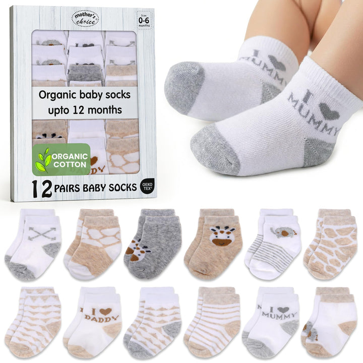 Mother's Choice Organic Cotton Baby Socks Infant 0-6 Months - 12 pairs Soft, Cozy, and Gentle Newborn Socks for Girls & Boys, Perfect Baby Registry for Everyday Wear, and Infant Comfort