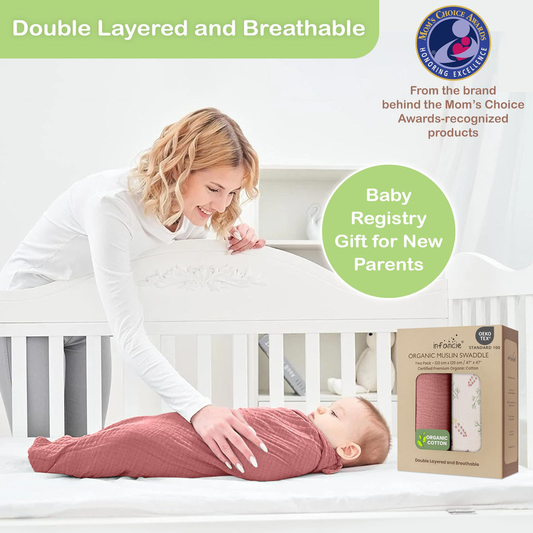 Organic Muslin Baby Blanket 2-Pack Rose & Peach, 47x47 Inch 100% Organic Cotton Oeko-TEX Certified Hypoallergenic Swaddle Blanket for Newborn Girls, Elegant Baby Girl Shower Gift