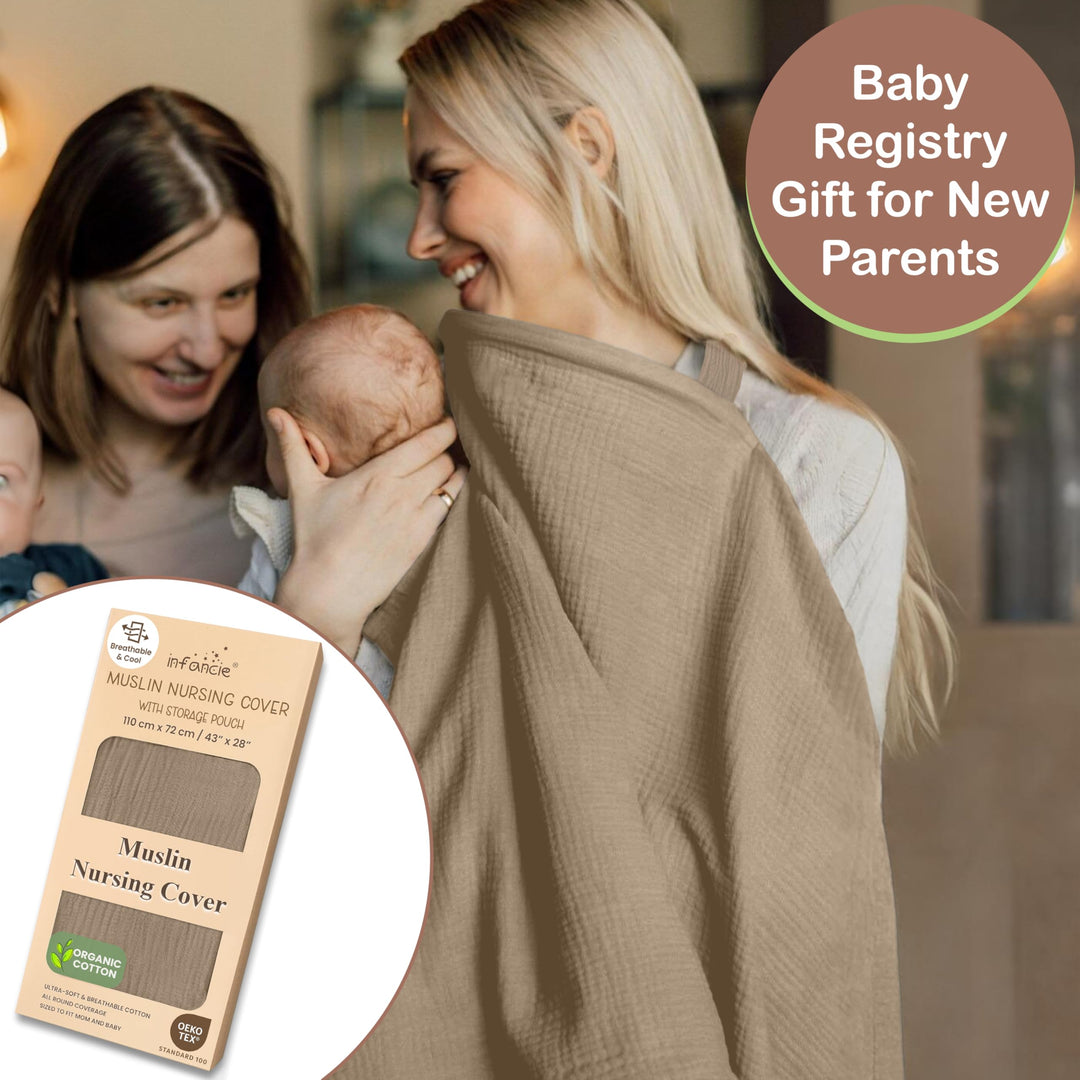 100% Organic Cotton Nursing Cover & Shawl - 43 x 28 Inch Breathable Muslin Breastfeeding Nursing Apron Cover with Arch Neckline for Mothers, Multi-use Carseat Canopy