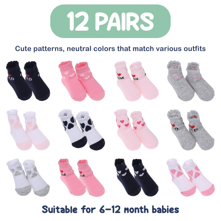 Mother's Choice Organic Cotton Baby Socks 6-12 Months, 12 Pairs Unisex anti slip - Soft & Hypoallergenic Baby Girl Socks (US, Age, 6 Months, 12 Months, Pink)