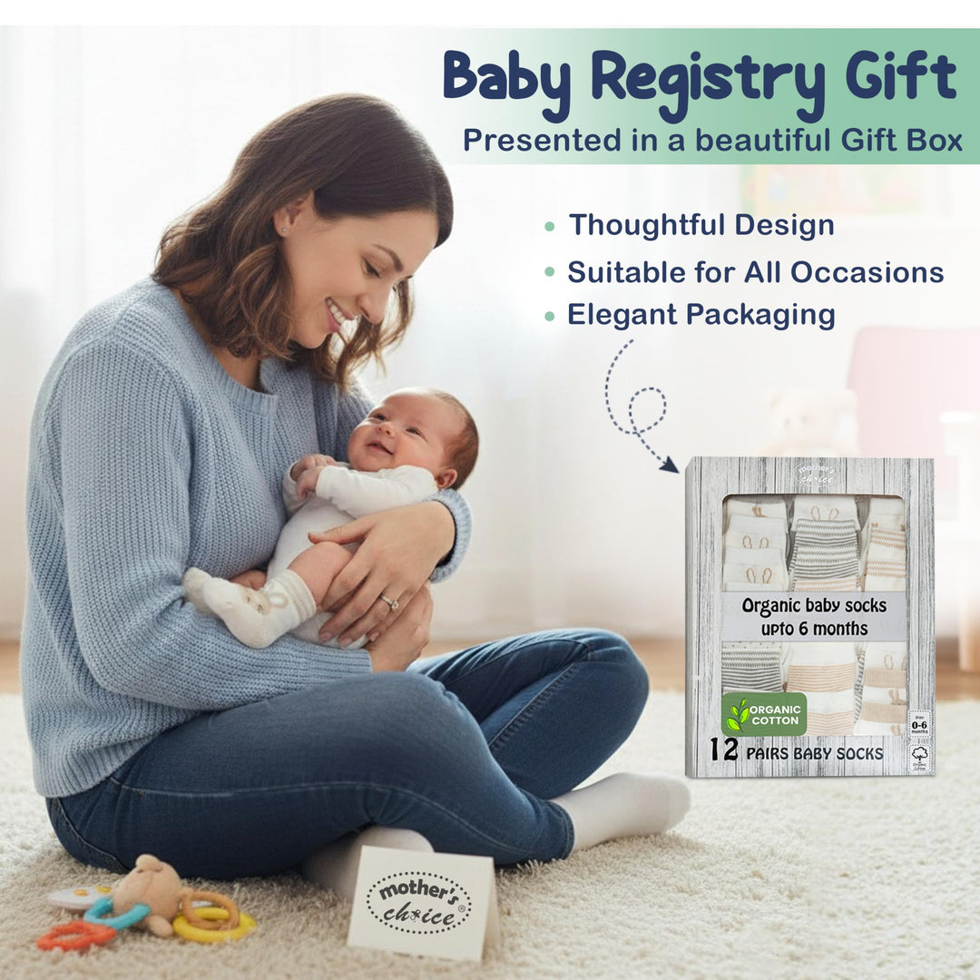 Mother's Choice Organic Cotton Baby Socks 0-6 Months, 12 Pairs Unisex - Soft & Hypoallergenic Baby Girl & Boys Socks (US, Age, 0 Months, 6 Months, Brown,Gray,White)