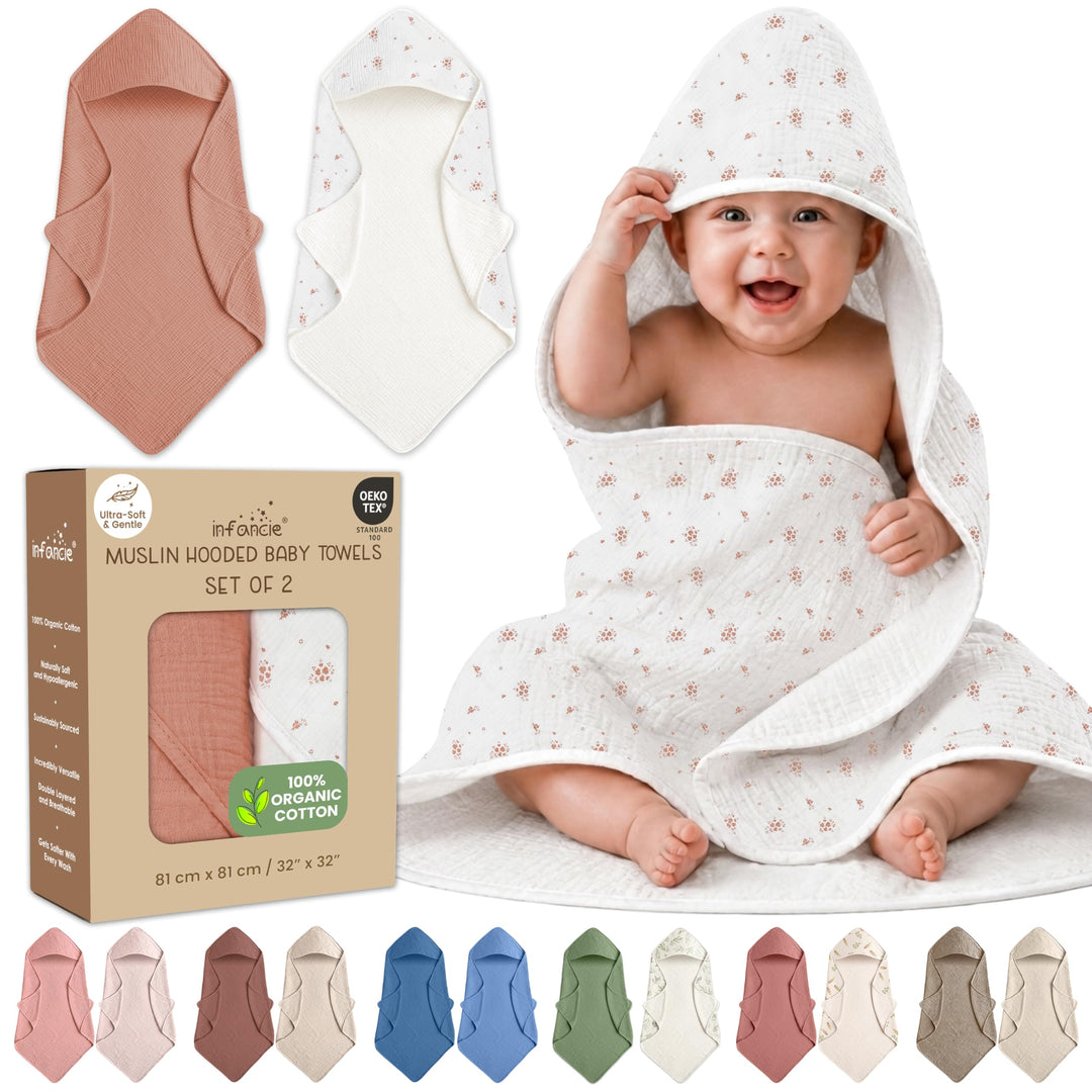 100% Organic Cotton Muslin Baby Hooded Towels 32x32 Inch – 2 Pack Soft & Absorbent Baby Towels for Newborn for Boys & Girls, Premium Hooded Towels, Ultra-Gentle Baby Essentials in Rose/Peach