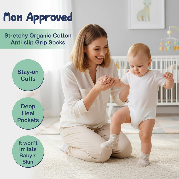 Mother's Choice Organic Cotton Baby Socks 6-12 Months, 12 Pairs Unisex Anti Slip - Soft & Hypoallergenic Baby Girl & Boys Socks (US, Age, 6 Months, 12 Months, Brown)