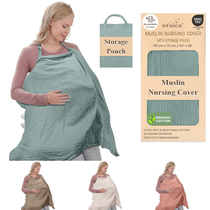 100% Organic Cotton Nursing Cover & Shawl - 43 x 28 Inch Breathable Muslin Breastfeeding Nursing Apron Cover with Arch Neckline for Mothers, Multi-use Carseat Canopy