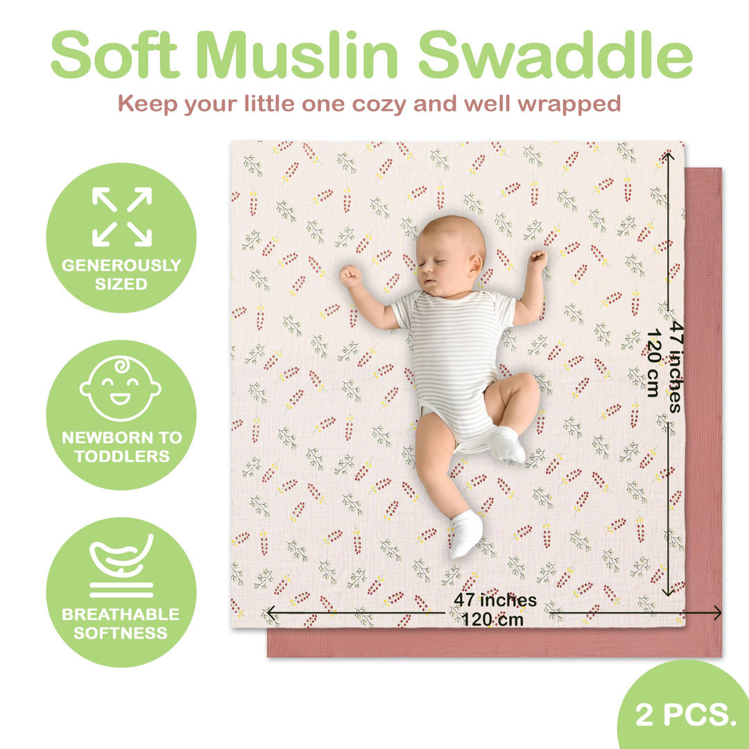 Organic Muslin Baby Blanket 2-Pack Rose & Peach, 47x47 Inch 100% Organic Cotton Oeko-TEX Certified Hypoallergenic Swaddle Blanket for Newborn Girls, Elegant Baby Girl Shower Gift