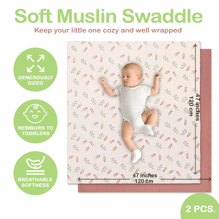 Organic Muslin Baby Blanket 2-Pack Rose & Peach, 47x47 Inch 100% Organic Cotton Oeko-TEX Certified Hypoallergenic Swaddle Blanket for Newborn Girls, Elegant Baby Girl Shower Gift