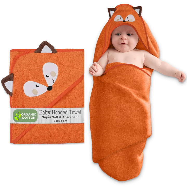 Mother's Choice Organic Baby Hooded Towel Ultra Soft & Absorbent Bath Wearable for Newborns, Infants, 3D Orange Fox Design