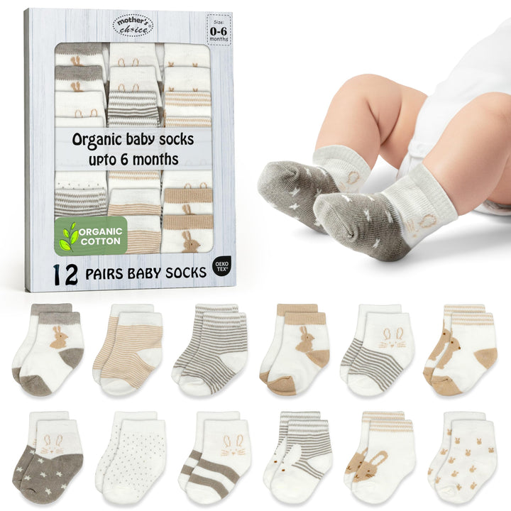 Mother's Choice Organic Cotton Baby Socks Infant 0-6 Months - 12 pairs Soft, Cozy, and Gentle Newborn Socks for Girls & Boys, Perfect Baby Registry for Everyday Wear, and Infant Comfort