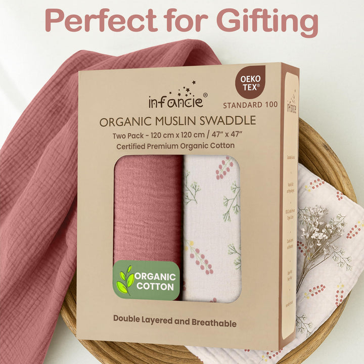 Organic Muslin Baby Blanket 2-Pack Rose & Peach, 47x47 Inch 100% Organic Cotton Oeko-TEX Certified Hypoallergenic Swaddle Blanket for Newborn Girls, Elegant Baby Girl Shower Gift