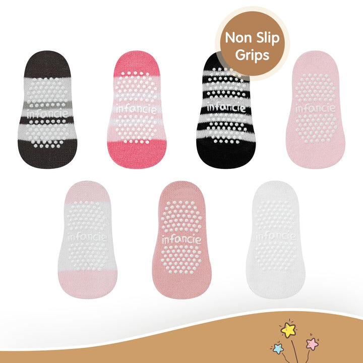 Organic Cotton GOTS Certified Non-Slip Baby Socks 0-6 Months - 7 Pairs Soft Breathable Newborn Socks Animal Design For Infant