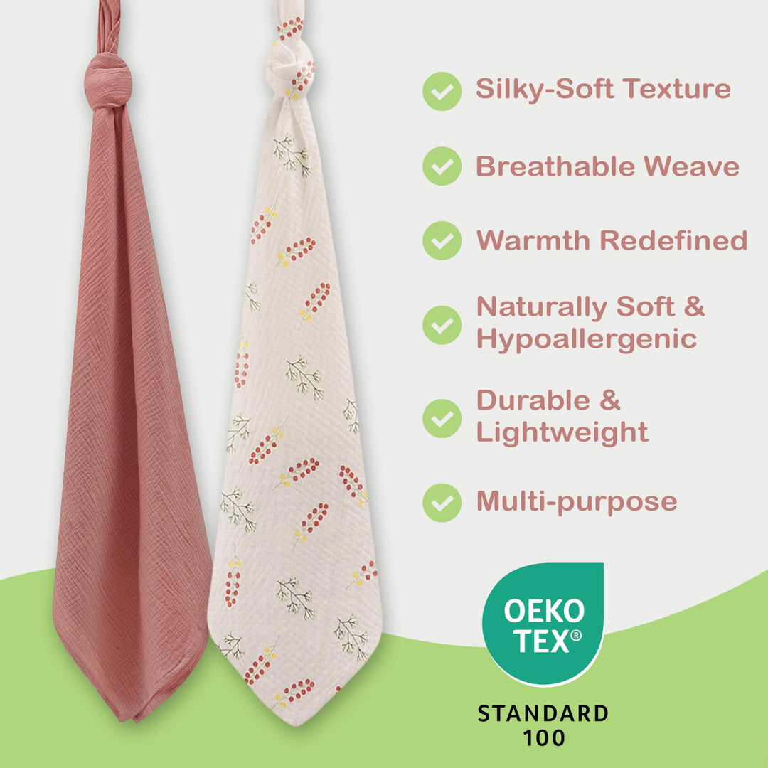 Organic Muslin Baby Blanket 2-Pack Rose & Peach, 47x47 Inch 100% Organic Cotton Oeko-TEX Certified Hypoallergenic Swaddle Blanket for Newborn Girls, Elegant Baby Girl Shower Gift