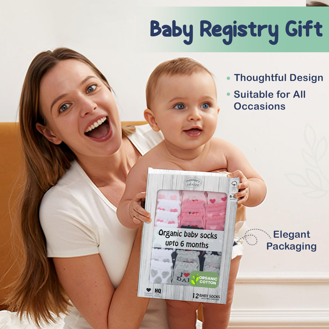 Mother's Choice Organic Cotton Baby Socks 6-12 Months, 12 Pairs Unisex anti slip - Soft & Hypoallergenic Baby Girl Socks (US, Age, 6 Months, 12 Months, Pink)