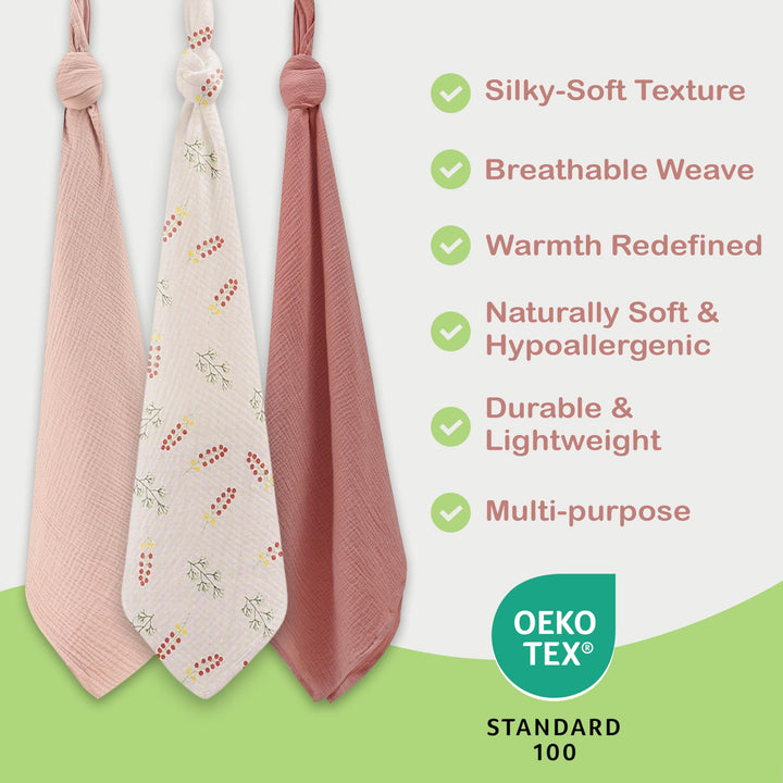Organic Muslin Baby Blanket 2-Pack Rose & Peach, 47x47 Inch 100% Organic Cotton Oeko-TEX Certified Hypoallergenic Swaddle Blanket for Newborn Girls, Elegant Baby Girl Shower Gift