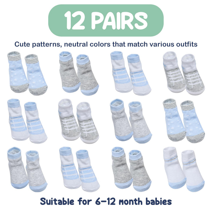 Mother's Choice Organic Cotton Baby Socks 6-12 Months, 12 Pairs Unisex Anti Slip - Soft & Hypoallergenic Baby Girl & Boys Socks (US, Age, 6 Months, 12 Months, Blue - Gray - White)
