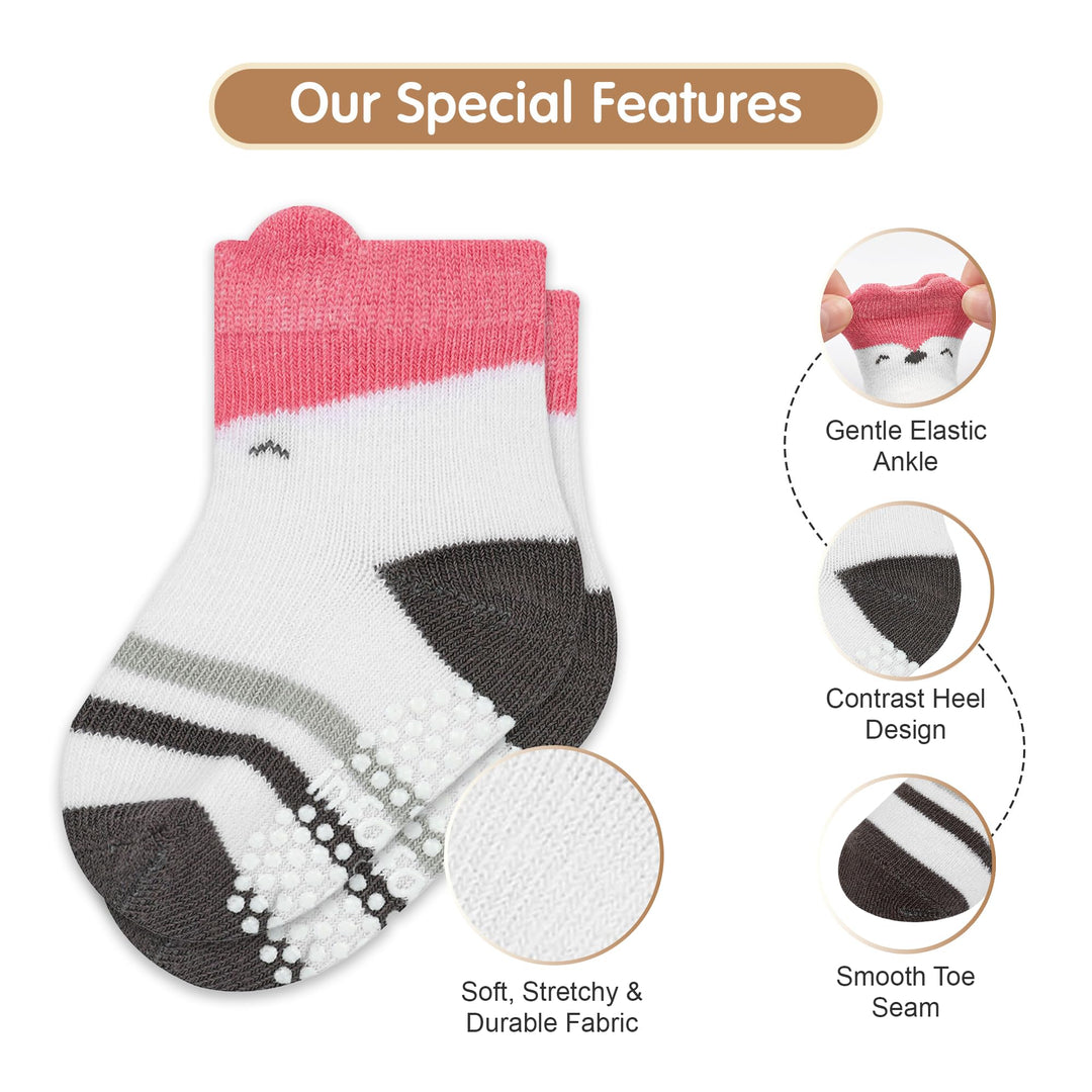 Organic Cotton GOTS Certified Non-Slip Baby Socks 0-6 Months - 7 Pairs Soft Breathable Newborn Socks Animal Design For Infant