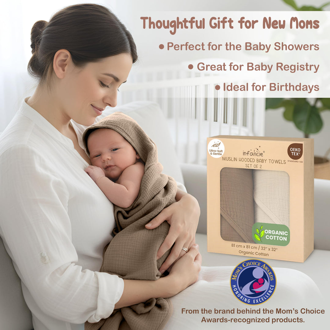 100% Organic Cotton Muslin Baby Hooded Towels 32x32 Inch – 2 Pack Soft & Absorbent Baby Towels for Newborn for Boys & Girls, Premium Hooded Towels, Ultra-Gentle Baby Essentials in Rose/Peach