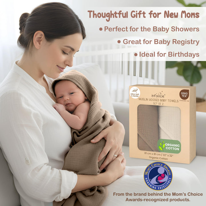 100% Organic Cotton Muslin Baby Hooded Towels 32x32 Inch – 2 Pack Soft & Absorbent Baby Towels for Newborn for Boys & Girls, Premium Hooded Towels, Ultra-Gentle Baby Essentials in Rose/Peach