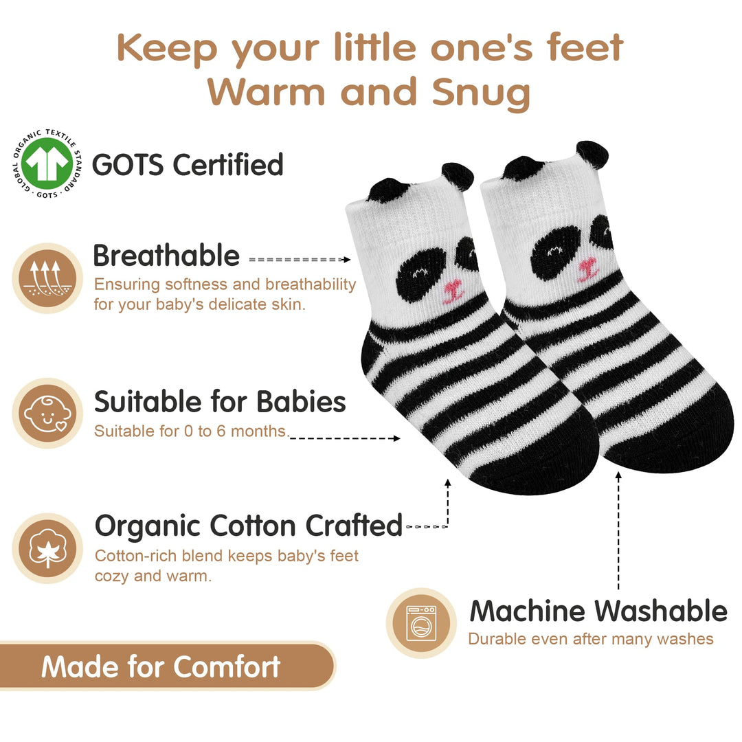 Organic Cotton GOTS Certified Non-Slip Baby Socks 0-6 Months - 7 Pairs Soft Breathable Newborn Socks Animal Design For Infant