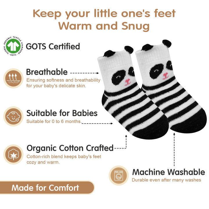 Organic Cotton GOTS Certified Non-Slip Baby Socks 0-6 Months - 7 Pairs Soft Breathable Newborn Socks Animal Design For Infant