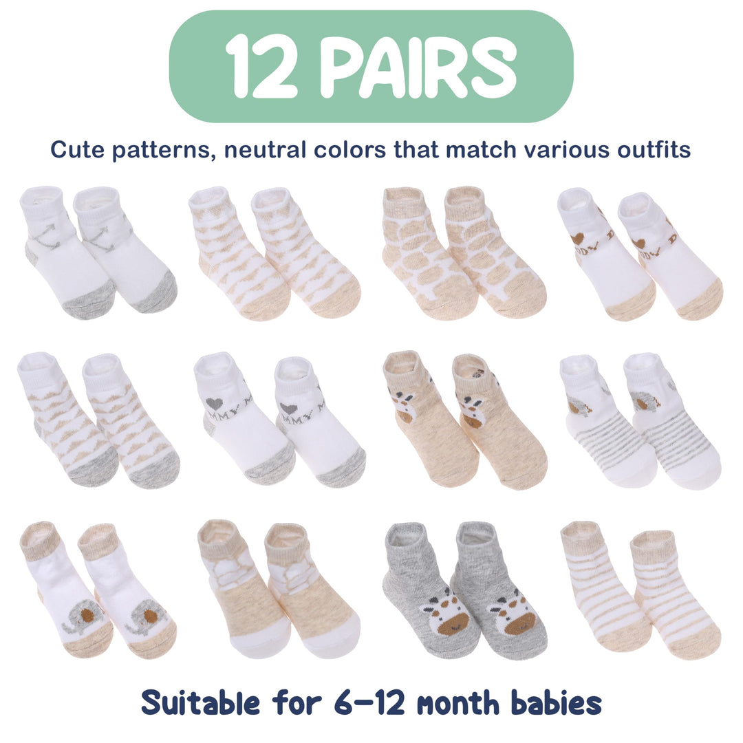 Mother's Choice Organic Cotton Baby Socks 6-12 Months, 12 Pairs Unisex Anti Slip - Soft & Hypoallergenic Baby Girl & Boys Socks (US, Age, 6 Months, 12 Months, Brown)
