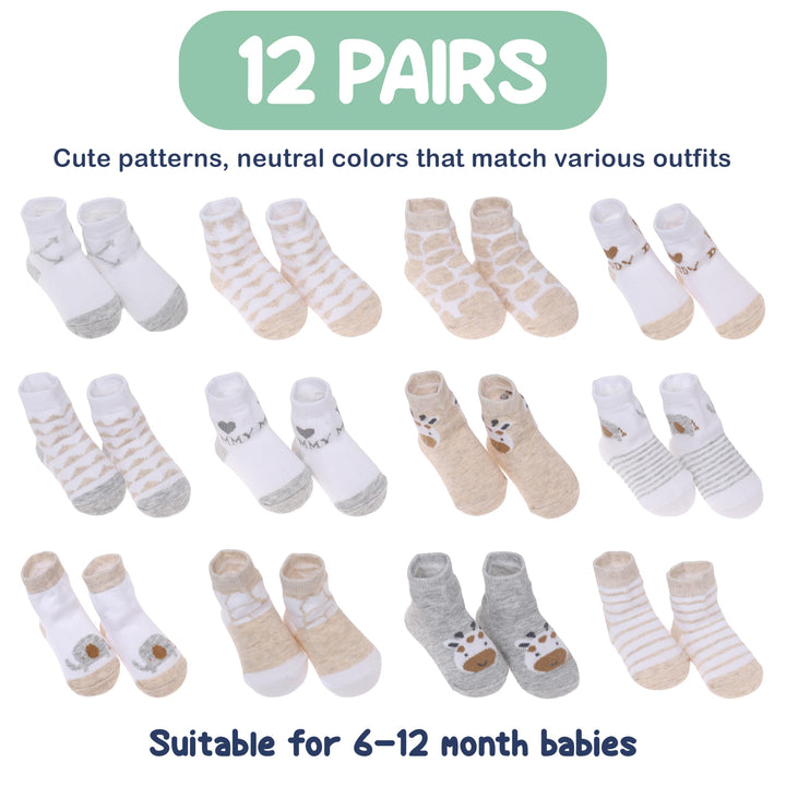 Mother's Choice Organic Cotton Baby Socks 6-12 Months, 12 Pairs Unisex Anti Slip - Soft & Hypoallergenic Baby Girl & Boys Socks (US, Age, 6 Months, 12 Months, Brown)