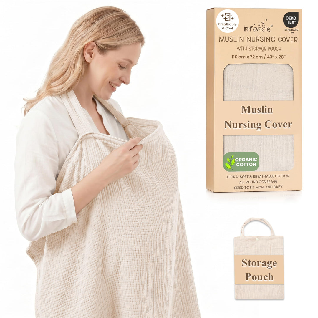 100% Organic Cotton Nursing Cover & Shawl - 43 x 28 Inch Breathable Muslin Breastfeeding Nursing Apron Cover with Arch Neckline for Mothers, Multi-use Carseat Canopy