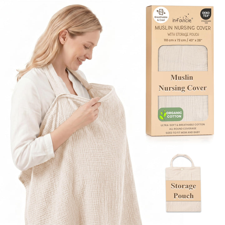 100% Organic Cotton Nursing Cover & Shawl - 43 x 28 Inch Breathable Muslin Breastfeeding Nursing Apron Cover with Arch Neckline for Mothers, Multi-use Carseat Canopy