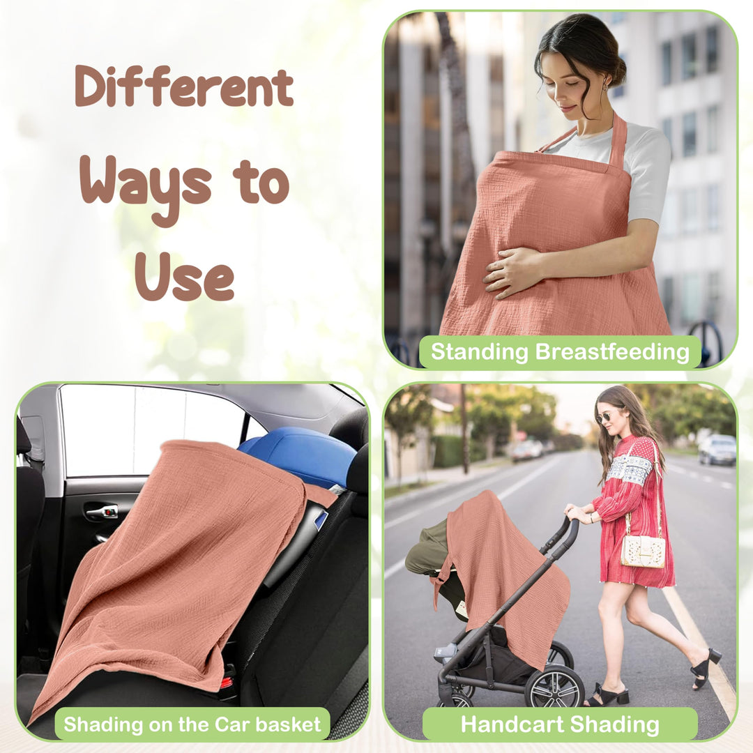 100% Organic Cotton Nursing Cover & Shawl - 43 x 28 Inch Breathable Muslin Breastfeeding Nursing Apron Cover with Arch Neckline for Mothers, Multi-use Carseat Canopy