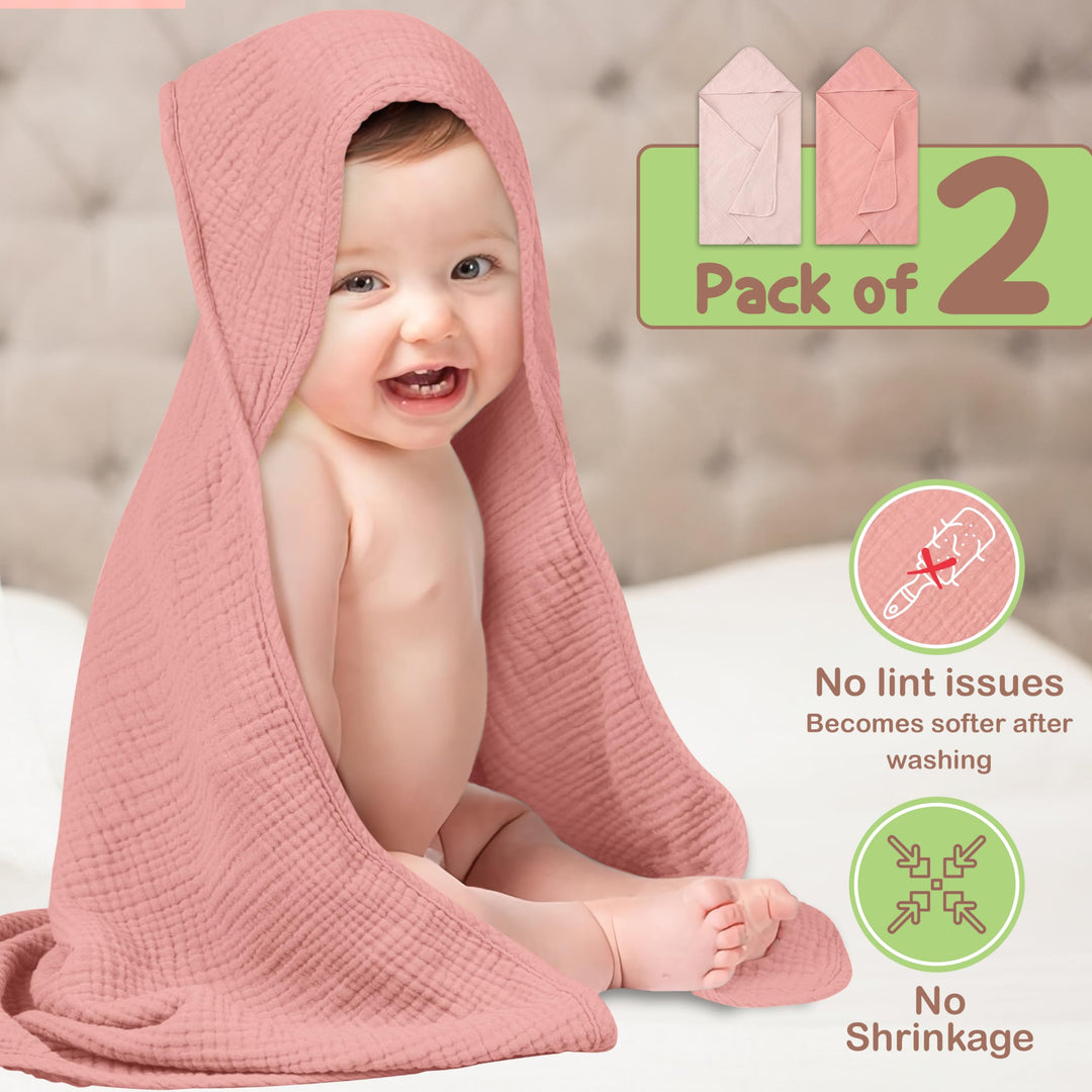100% Organic Cotton Muslin Baby Hooded Towels 32x32 Inch – 2 Pack Soft & Absorbent Baby Towels for Newborn for Boys & Girls, Premium Hooded Towels, Ultra-Gentle Baby Essentials in Rose/Peach