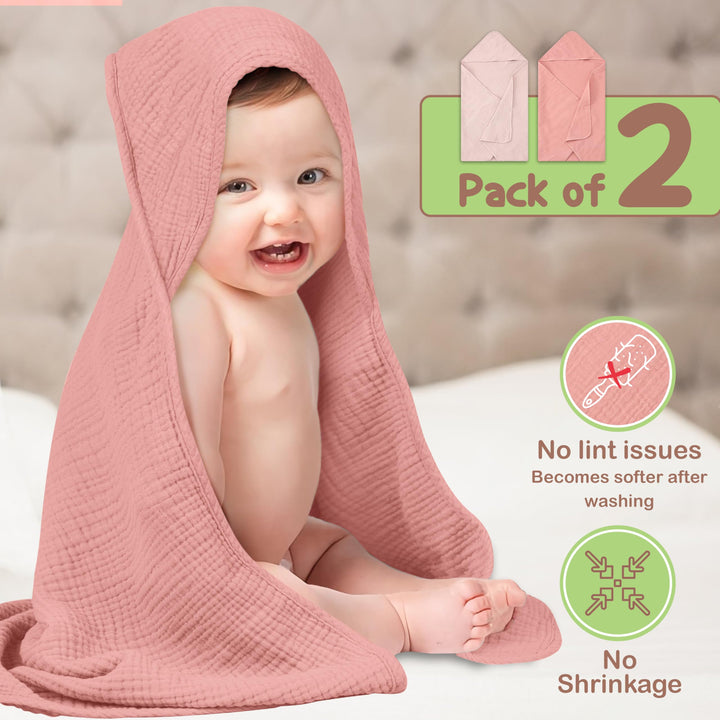 100% Organic Cotton Muslin Baby Hooded Towels 32x32 Inch – 2 Pack Soft & Absorbent Baby Towels for Newborn for Boys & Girls, Premium Hooded Towels, Ultra-Gentle Baby Essentials in Rose/Peach