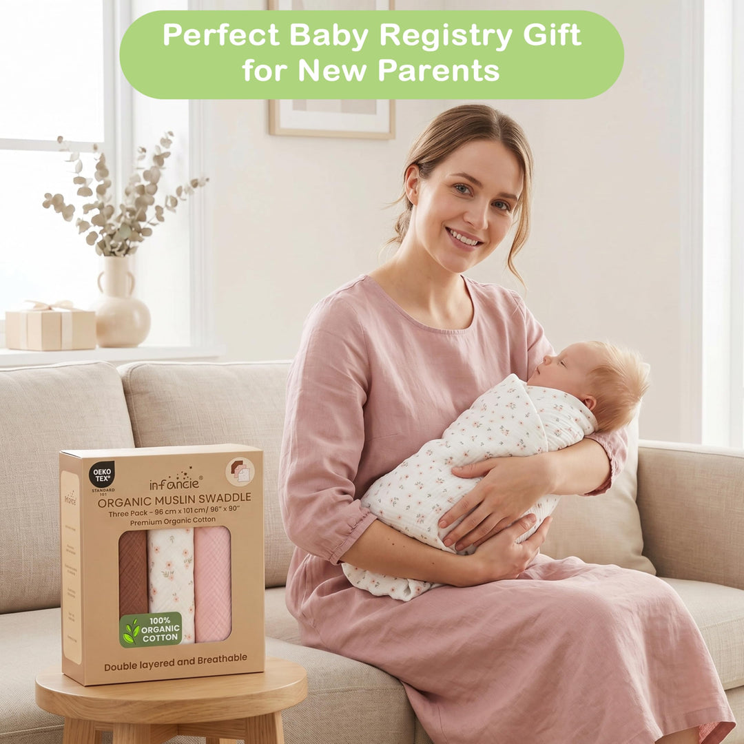 Organic Muslin Baby Blanket 2-Pack Rose & Peach, 47x47 Inch 100% Organic Cotton Oeko-TEX Certified Hypoallergenic Swaddle Blanket for Newborn Girls, Elegant Baby Girl Shower Gift