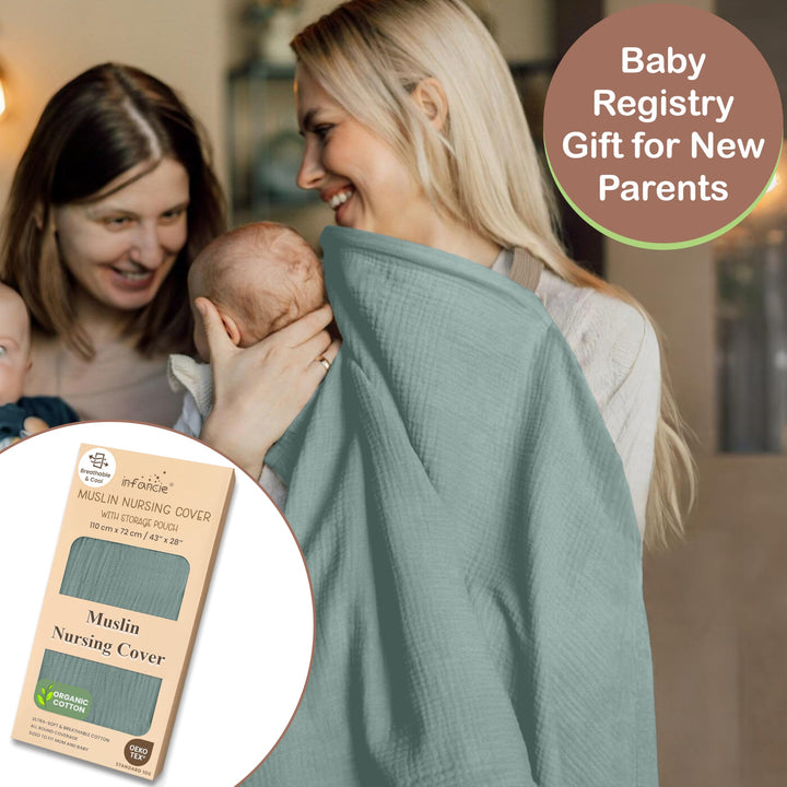 100% Organic Cotton Nursing Cover & Shawl - 43 x 28 Inch Breathable Muslin Breastfeeding Nursing Apron Cover with Arch Neckline for Mothers, Multi-use Carseat Canopy