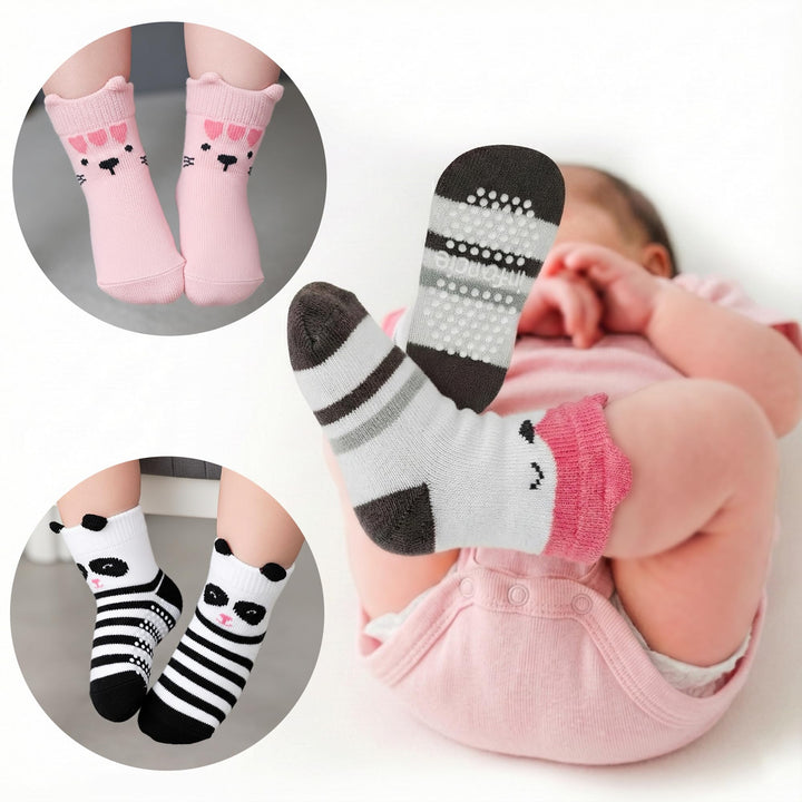 Organic Cotton GOTS Certified Non-Slip Baby Socks 0-6 Months - 7 Pairs Soft Breathable Newborn Socks Animal Design For Infant