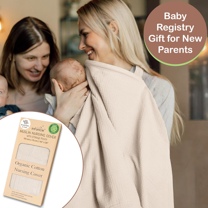 100% Organic Cotton Nursing Cover & Shawl - 43 x 28 Inch Breathable Muslin Breastfeeding Nursing Apron Cover with Arch Neckline for Mothers, Multi-use Carseat Canopy