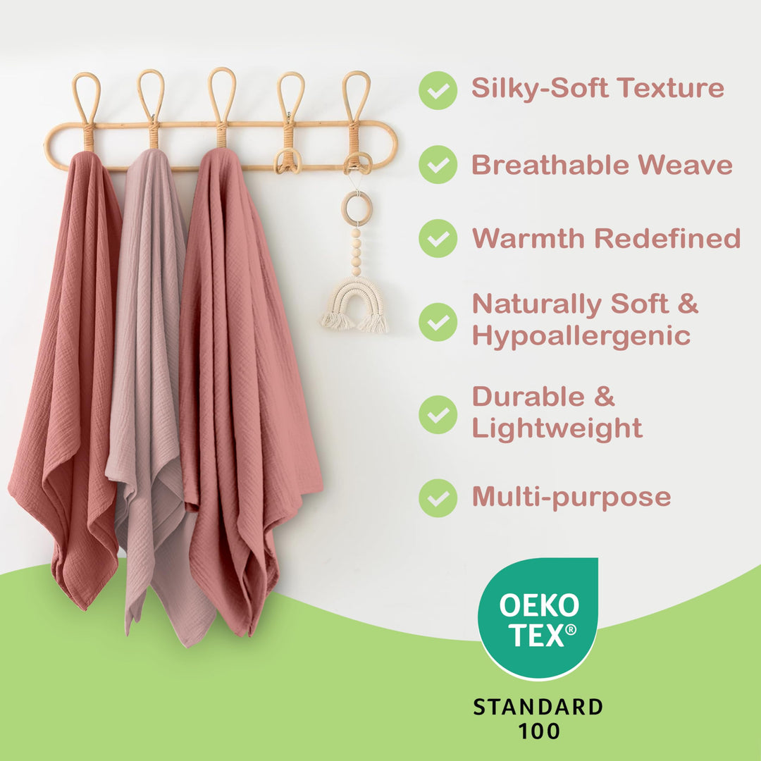 Organic Muslin Baby Blanket 2-Pack Rose & Peach, 47x47 Inch 100% Organic Cotton Oeko-TEX Certified Hypoallergenic Swaddle Blanket for Newborn Girls, Elegant Baby Girl Shower Gift