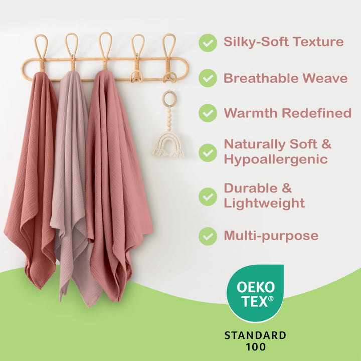 Organic Muslin Baby Blanket 2-Pack Rose & Peach, 47x47 Inch 100% Organic Cotton Oeko-TEX Certified Hypoallergenic Swaddle Blanket for Newborn Girls, Elegant Baby Girl Shower Gift