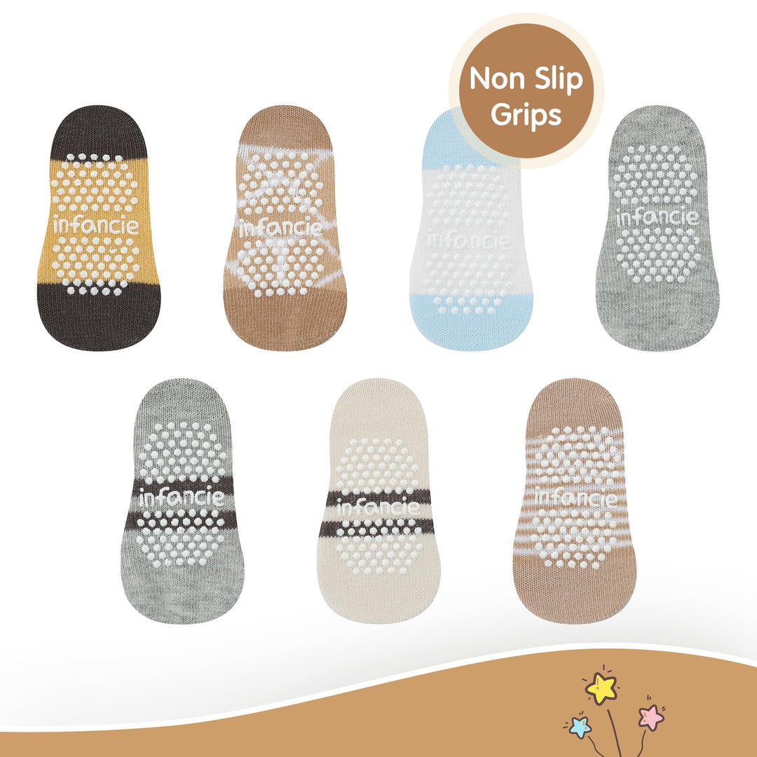 Organic Cotton GOTS Certified Non-Slip Baby Socks 0-6 Months - 7 Pairs Soft Breathable Newborn Socks Animal Design For Infant