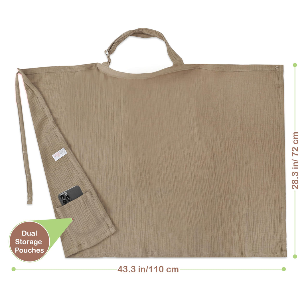 100% Organic Cotton Nursing Cover & Shawl - 43 x 28 Inch Breathable Muslin Breastfeeding Nursing Apron Cover with Arch Neckline for Mothers, Multi-use Carseat Canopy