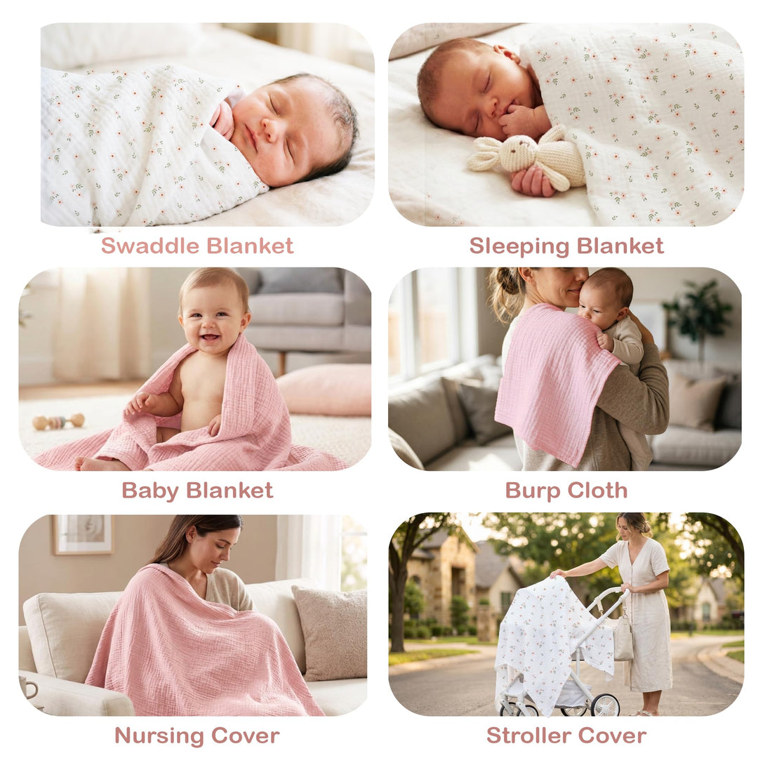Organic Muslin Baby Blanket 2-Pack Rose & Peach, 47x47 Inch 100% Organic Cotton Oeko-TEX Certified Hypoallergenic Swaddle Blanket for Newborn Girls, Elegant Baby Girl Shower Gift