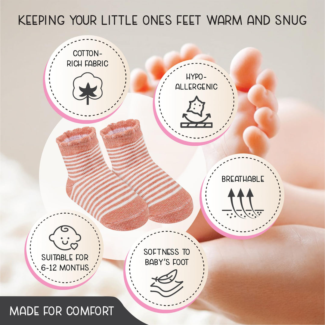 GOTS Certified Organic Cotton Rich Blend Baby Socks 12 Pairs For 0 - 6 (M) Baby Girl Soft, Stretchable & Comfortable Girl newborn Socks, Adorable Sock Shoes For Baby Girl, Gift For Little, Pink