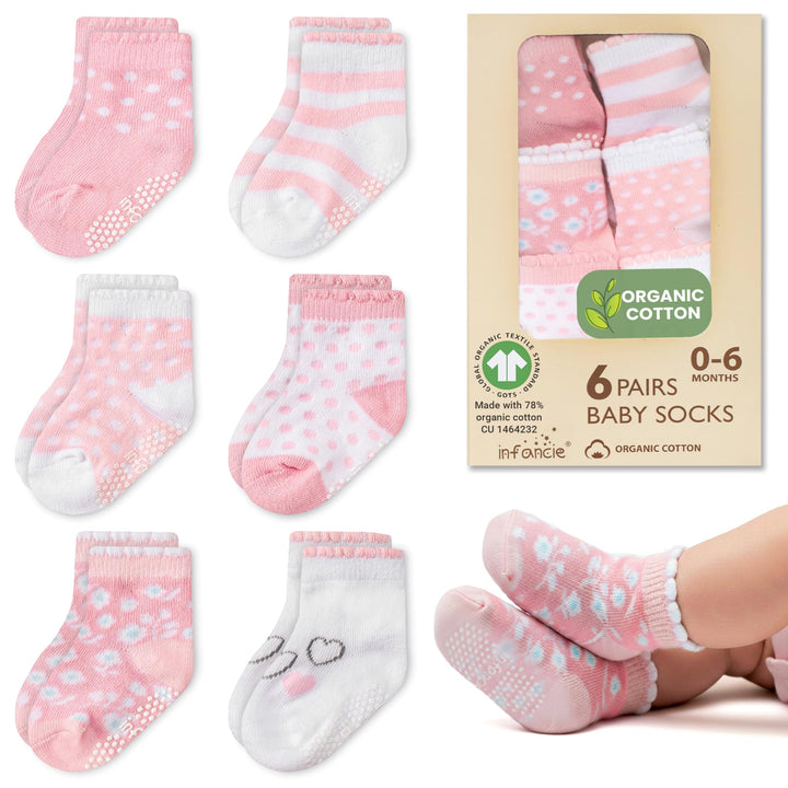 GOTS Certified Organic Cotton Rich Blend Baby Socks 12 Pairs For 0 - 6 (M) Baby Girl Soft, Stretchable & Comfortable Girl newborn Socks, Adorable Sock Shoes For Baby Girl, Gift For Little, Pink