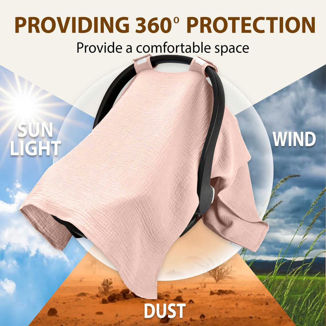 100% Organic Muslin Cotton Car Seat Cover 35 x 50 Inches Soft Touch Breathable Canopy, Protective Car Seat Cover Baby All Seasons Lightweight Car Seat Cover Travel Comfort (Ivory)