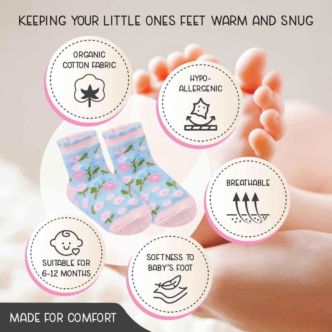 GOTS Certified Organic Cotton Rich Blend Baby Socks 12 Pairs For 0 - 6 (M) Baby Girl Soft, Stretchable & Comfortable Girl newborn Socks, Adorable Sock Shoes For Baby Girl, Gift For Little, Pink