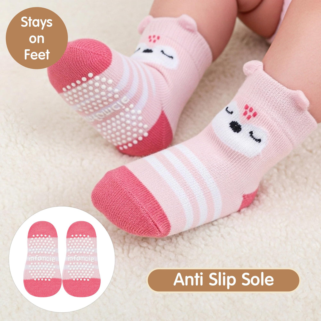 Organic Cotton GOTS Certified Non-Slip Baby Socks 0-6 Months - 7 Pairs Soft Breathable Newborn Socks Animal Design For Infant
