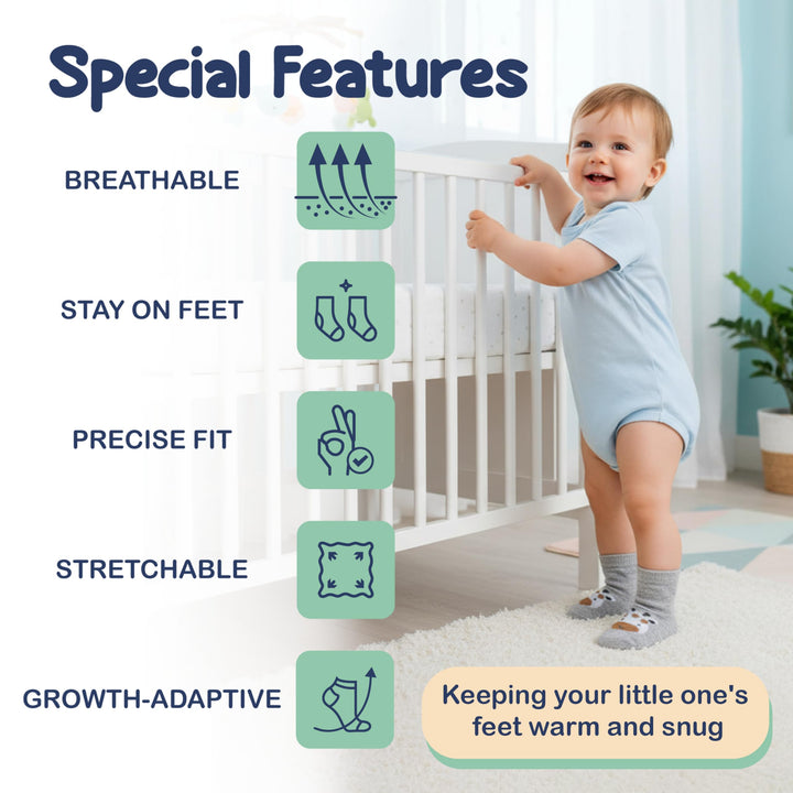 Mother's Choice Organic Cotton Baby Socks 6-12 Months, 12 Pairs Unisex Anti Slip - Soft & Hypoallergenic Baby Girl & Boys Socks (US, Age, 6 Months, 12 Months, Brown)