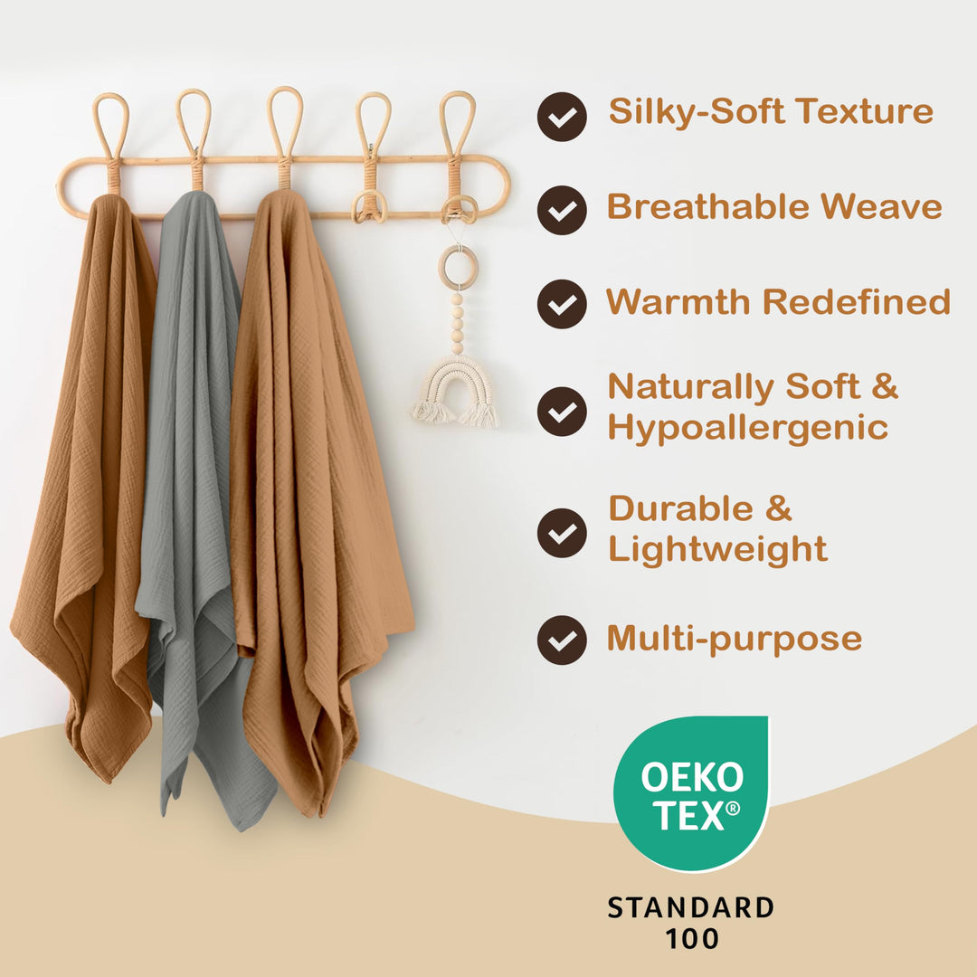 Organic Muslin Baby Blanket 2-Pack Rose & Peach, 47x47 Inch 100% Organic Cotton Oeko-TEX Certified Hypoallergenic Swaddle Blanket for Newborn Girls, Elegant Baby Girl Shower Gift